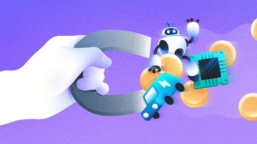 Illustration d'un aimant attirant divers produits, pour illustrer les fusions-acquisitions.